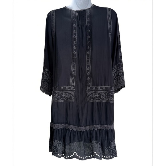 Johnny Was Dress S Black Tonal Sheer Embroidered Tunic Boho Peasant Lace Hem - Picture 8 of 11